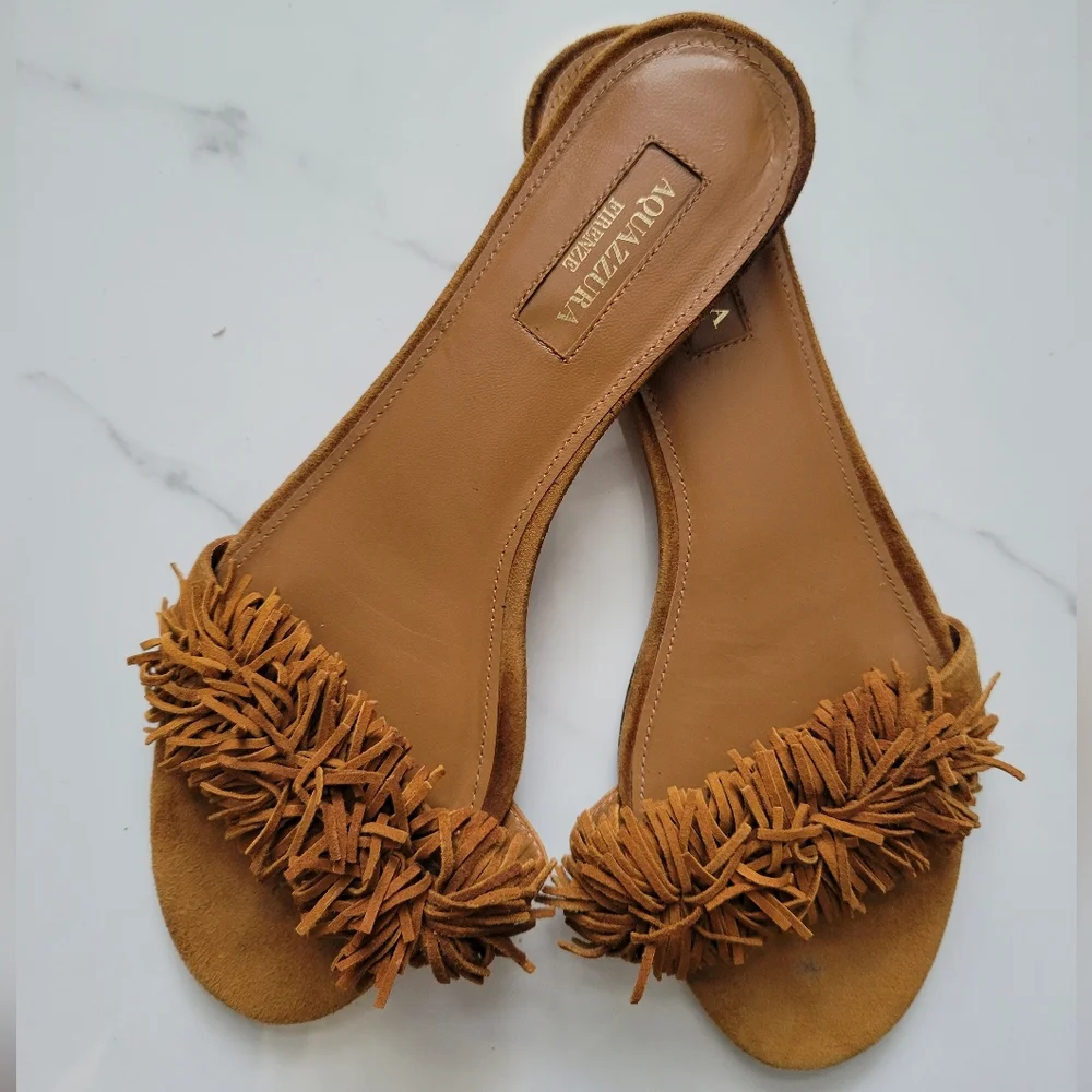 Aquazzura Italy Wild Thing Suede Flats Luxury Slide Sandals Brown EU 37